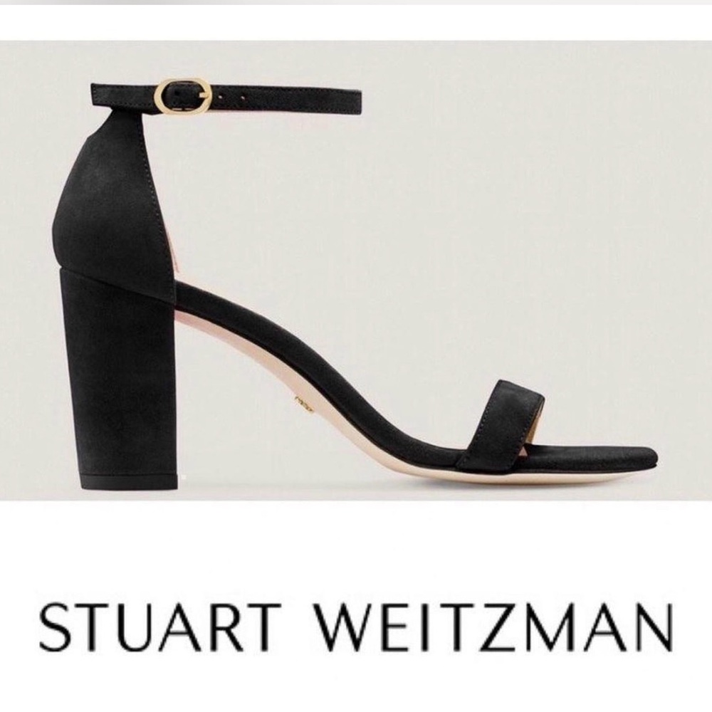 Stuart Weitzman Nearlynude Black Suede Ankle-Strap Block Heel size 8